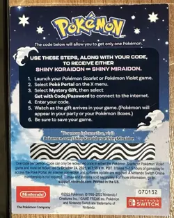 Pokemon Scarlet And Violet Serial Codes Shiny Koraidon or Miraidon UNSCRATCHED! - Image 2