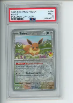 2025 Pokemon Day Prismatic Evolutions Eevee 074/131 Stamped Promo PSA 9 (777) - Image 1