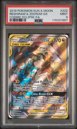 2019 Pokemon Cosmic Eclipse Reshiram & Zekrom GX 222/236 Full Art PSA 9 Mint - Image 1