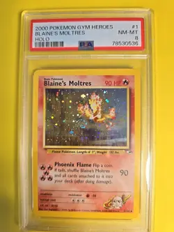 Blaine's Moltres Holo 1/132 Gym Heroes Unlimited PSA 8 NM-MT Pokemon Card Swirl - Image 1