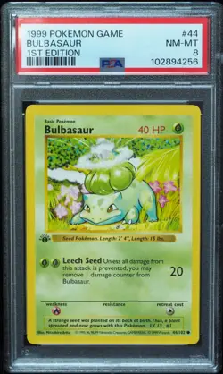 1st Edition Shadowless Bulbasaur 44/102 Base Set Pokemon Card PSA 8 - Image 1