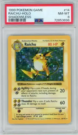 1999 Pokemon Game Raichu 14/102 Shadowless Holo PSA 8 - Image 1