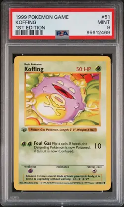 1st Edition Shadowless Koffing 51/102 Base Set Pokemon Card PSA 9 Mint - Image 1