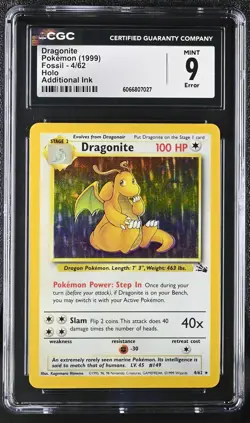 CGC 9 MINT Dragonite 1999 Fossil 4/62 Holo Pokemon Card Additional Ink ERROR - Image 1