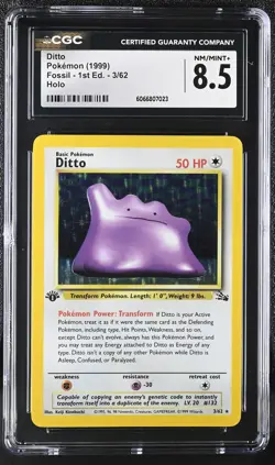 CGC 8.5 Ditto 1999 Fossil 1st Edition 3/62 Holo Pokemon Card - Image 1
