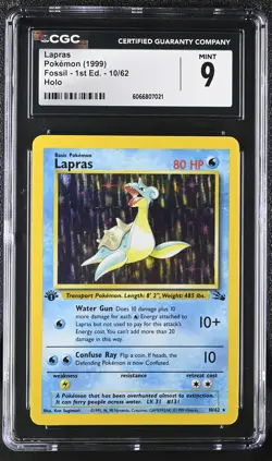CGC 9 MINT Lapras 1999 Fossil 1st Edition 10/62 Holo Pokemon Card - Image 1