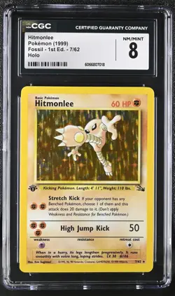 CGC 8 Hitmonlee 1999 Fossil 1st Edition 7/62 Holo Pokemon Card - Image 1