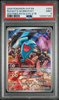 2025 POKEMON DESTINED RIVALS POKEMON CENTER ETB TEAM ROCKET'S WOBBUFFET PSA 9 - Image 1
