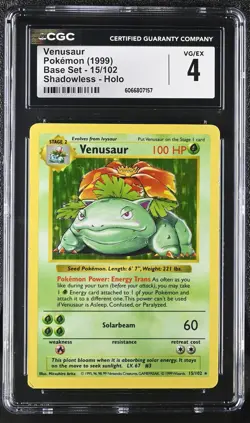 CGC 4 Venusaur 1999 Base Set 15/102 Shadowless Holo Pokemon Card - Image 1