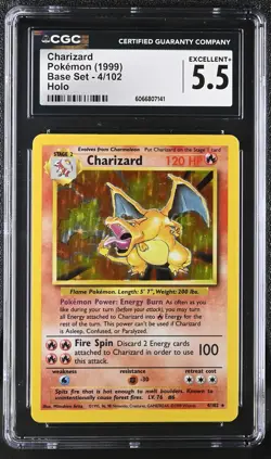 CGC 5.5 Charizard 1999 Base Set 4/102 Holo Pokemon Card - Image 1