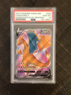 PSA 10 GEM MINT Charizard V Champions Path ETB Promo Pokemon Card SWSH050 - Image 1