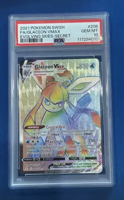 Glaceon Vmax 208/203 Evolving Skies Rainbow Secret Rare Holo PSA 10 🔥 Pokemon - Image 1
