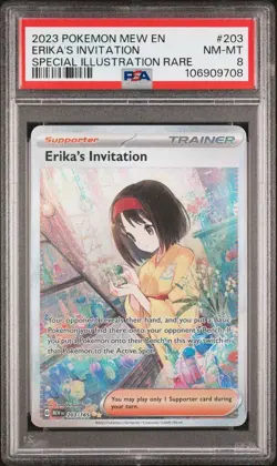 PSA 8 2023 POKEMON MEW EN-151 SPECIAL ILLUSTRATION RARE #203 ERIKA'S INVITATION - Image 1