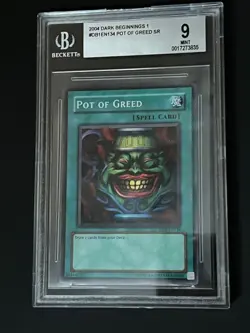 YuGiOh! Pot of Greed DB1-EN134 SR 2004 Dark Beginning 1 Unlimited, Beckett M 9. - Image 1