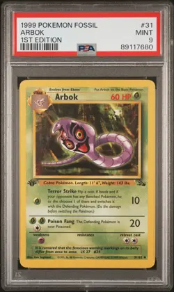 PSA 9 MINT 1999 POKEMON FOSSIL 31 ARBOK 1ST EDITION ENGLISH JUST GRADED - Image 1