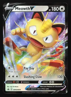 Pokemon Meowth V SWSH004 Sword & Shield Holo Black Star Promo LP - Image 1