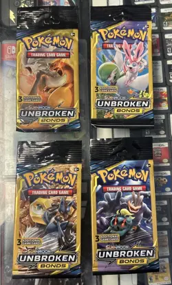 Pokemon Sun and Moon Unbroken Bonds 3 Card Booster Pack Complete Art Set (4pk) - Image 1