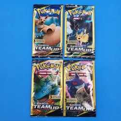 Pokemon Sun and Moon Team Up 3 Card Mini Booster Packs Complete Art Set Lot of 4 - Image 1