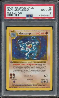 1999 Pokemon Base SHADOWLESS 1st Edition Machamp #8 Holo PSA 8 CENTERED BEAUTY - Image 1