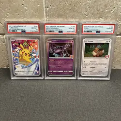 2021 Pokemon Sequential KFC Chaki kids Meal Promo Set. Pika,Mewtwo,& Eevee PSA10 - Image 1