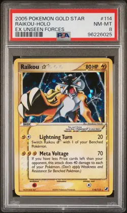2005 POKEMON EX UNSEEN FORCES GOLD STAR #114 RAIKOU-HOLO PSA 8 - Image 1