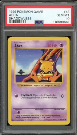 - PSA 10 - Abra 043/102 Base Set -Shadowless- Regular Vintage Pokemon - Image 1