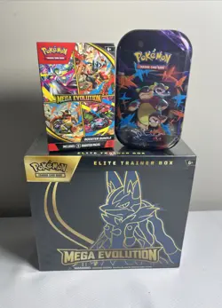 Pokemon TCG Mega Evolution Lot Of 3 Items - 1X Lucario ETB, 1X Booster & 1X Tin - Image 1
