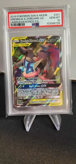 Pokemon TCG Greninja & Zoroark GX Alternate Art 201/214 Unbroken Bonds - PSA 10 - Image 1