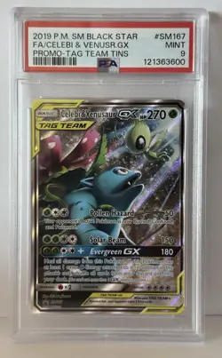 2019 Pokemon TCG Celebi & Venusaur GX SM167 Sm Tag Team Tin Promo PSA 9 MINT - Image 1