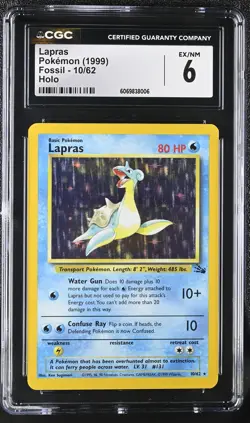 CGC 6 Lapras 1999 Fossil 10/62 Holo Graded Pokemon Card - Image 1