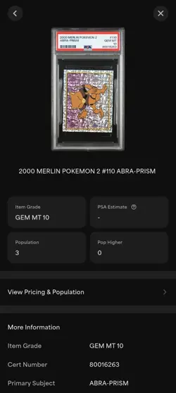 PSA 10 2000 POKEMON MERLIN 2 ABRA PRISM #110 - Image 3