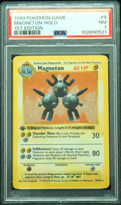 1st Edition Shadowless Magneton 9/102 Base Set Pokemon Card PSA 7 Super Clean - Image 1
