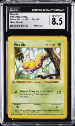 1999 POKEMON (1999) BASE SET - 1ST ED., GRAY STAMP #69/102 WEEDLE CGC 8.5 - Image 1