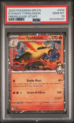 2025 POKEMON DRI EN-DESTINED RIVALS PRERELEASE-STAFF ETHAN'S TYPHLOSION PSA 10 - Image 1