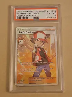 PSA 8 Full Art Red'S Challenge Sun & Moon Unbroken Bonds 213/214 Pokemon Card - Image 1