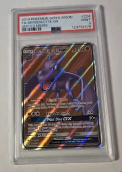 2019 POKEMON SUN & MOON UNIFIED MINDS #224 FULL ART/AERODACTYL GX PSA 9 - Image 1