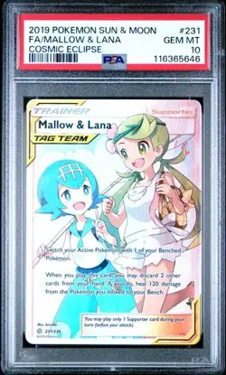 PSA 10 MALLOW & LANA 231 COSMIC ECLIPSE SUN & MOON TAG TEAM TRAINER POKEMON - Image 1