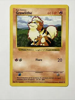 Growlithe Base Set 28/102 Uncommon Pokemon Card Unlimited Edition Shadowless - Image 2