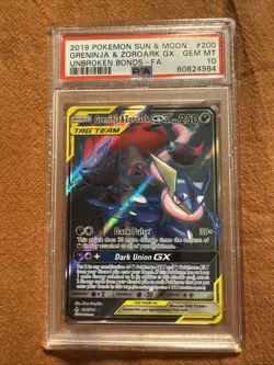 Pokemon Greninja & Zoroark GX Full Art Holo Card 200/214 Unbroken Bonds PSA 10 - Image 1