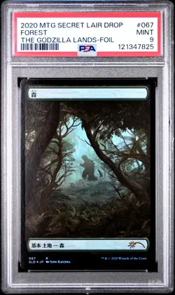 2020 MTG SECRET LAIR DROP THE GODZILLA LANDS-FOIL #067 FOREST PSA 9 - Image 1