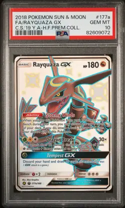 2018 Pokemon Sun & Moon Full Art Rayquaza GX 177a/168 PSA 10 Hidden Fates - Image 1