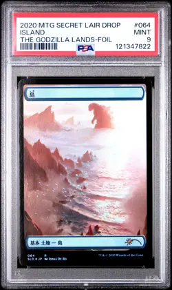 2020 MTG SECRET LAIR DROP THE GODZILLA LANDS-FOIL #064 ISLAND PSA 9 - Image 1