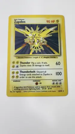 1999 Zapdos Pokemon Card Base Set Unlimited Holo 16/102 LP (Excellent) - Image 1