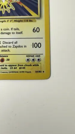 1999 Zapdos Pokemon Card Base Set Unlimited Holo 16/102 LP (Excellent) - Image 3