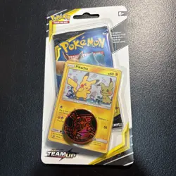 Sealed TEAM UP Blister Booster Pack (Pikachu SM162 Promo + Coin) Pokemon Cards - Image 1