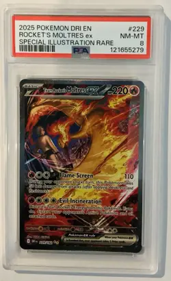 2025 Pokemon DRI EN Rocket’s Moltres ex SIR #229 - PSA 8 NM-MT - Image 1