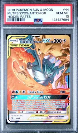2019 POKEMON SUN & MOON HIDDEN FATES 44 MOLTRES & ZAPDOS & ARTICUNO GX PSA 10 - Image 1