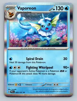 Vaporeon Rare SV: Prismatic Evolutions #022/131 Holo TCG Pokemon Card NM - Image 1