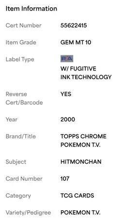 Hitmonchan Topps Chrome #107 2000 Pokemon T.V Gem Mint PSA 10 - Image 4