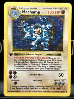 (Shadowless) 1st edition Pokemon MACHAMP Card BASE Set 8/102 Holo Rare MP - Image 3